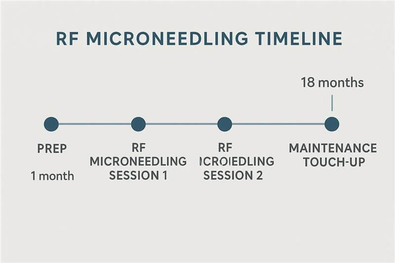 RF microneedling treatment timeline infographic showing prep, sessions